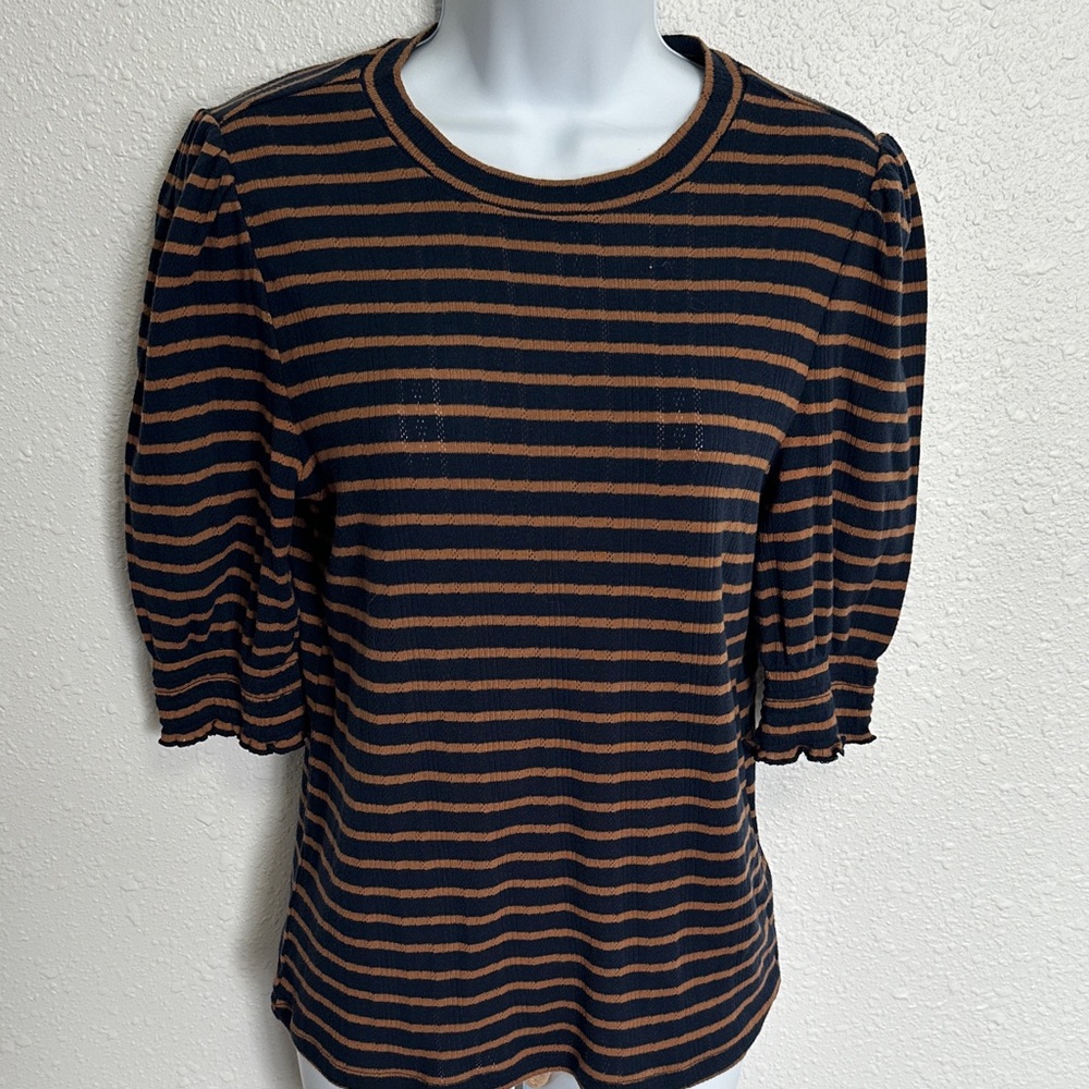 Lucky Brand Black and Brown Striped Puffed Sleeve Blouse Size Medium